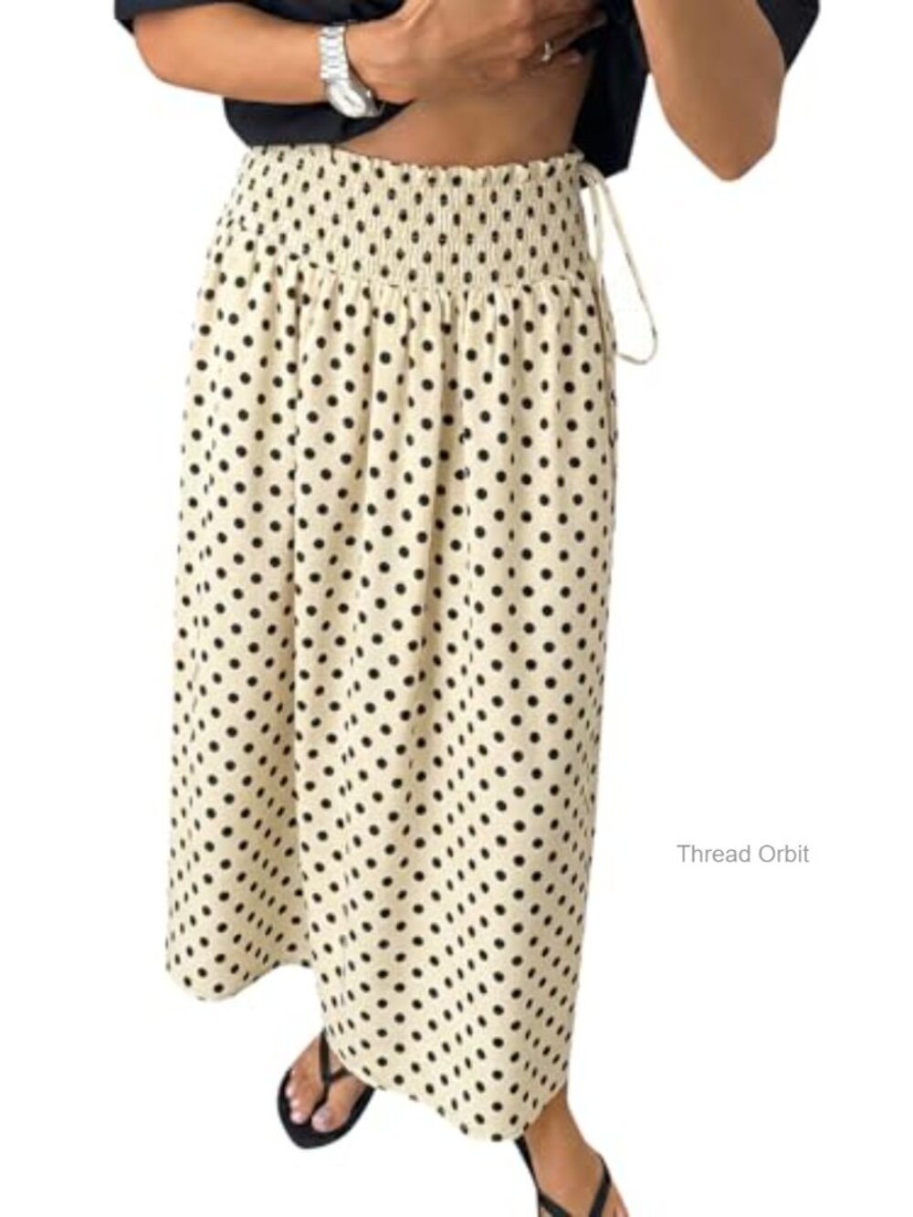 Womens Polka Dot Maxi Skirt Boho Smocked High Waist Tie A-Line